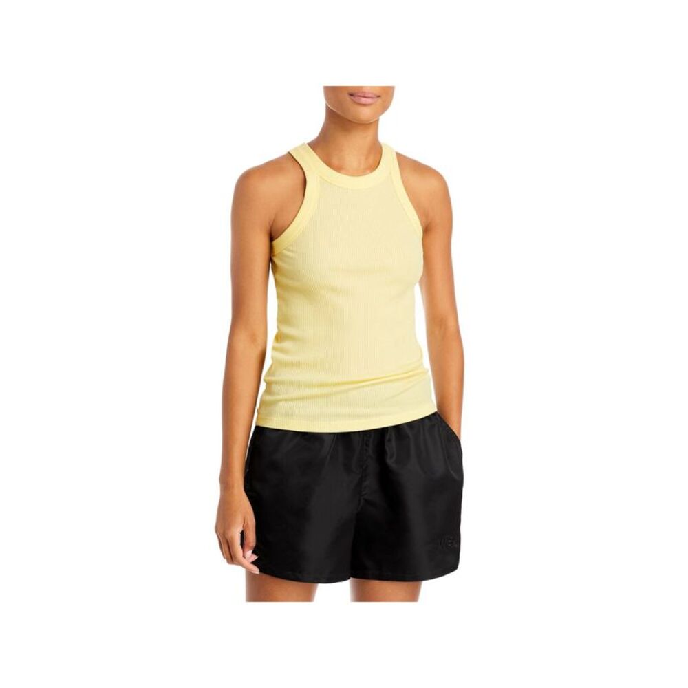 NWT WSLY Womens Yellow Stretch Ribbed Fitted Sleeveless Halter Tank Top M